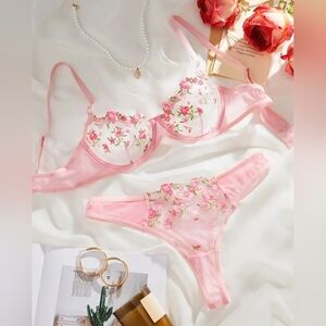 2 For $40 New! Floral Embroidered Pink Lingerie Set NWT Size Large
